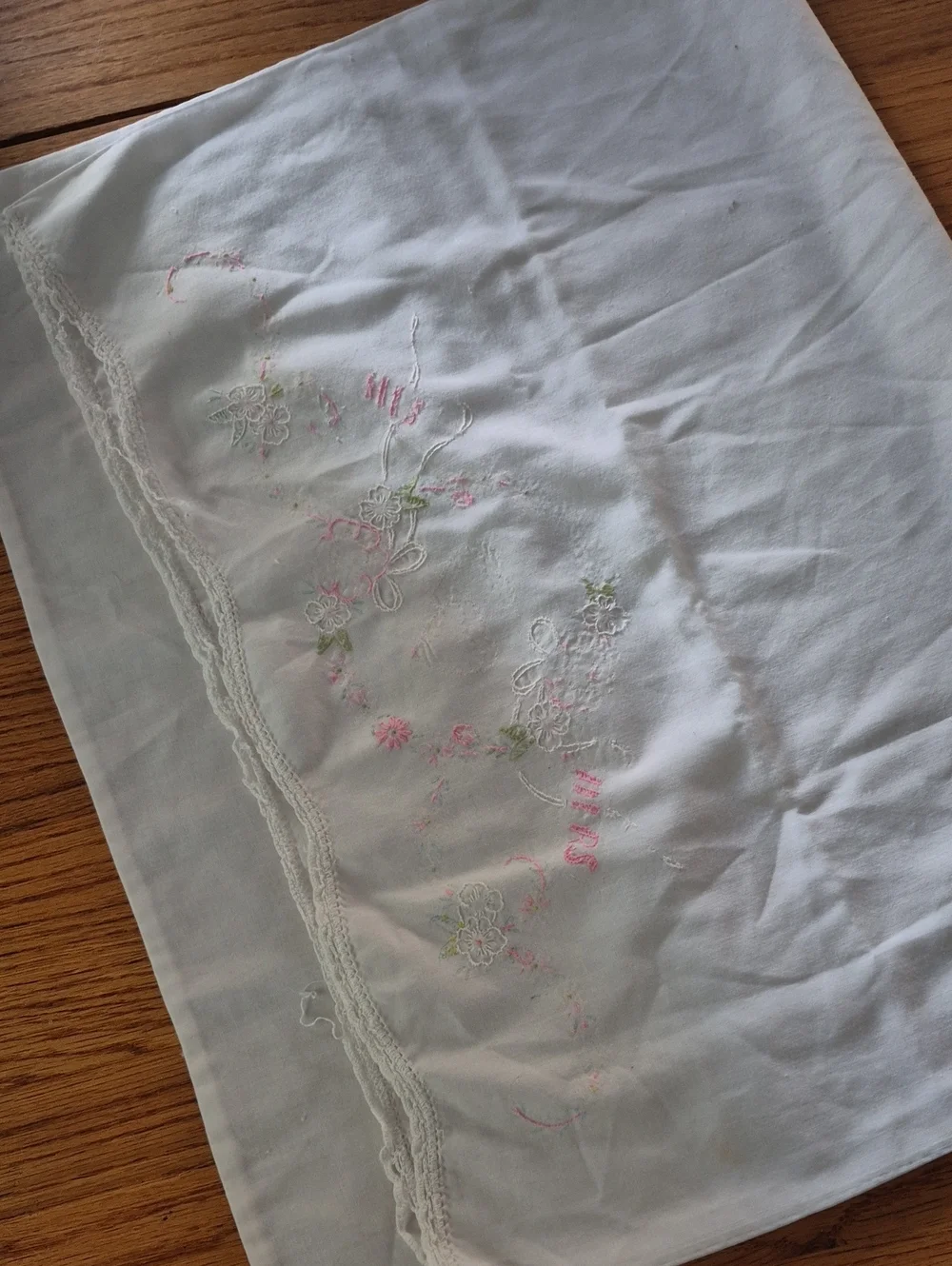 His & Hers White Pillowcase with Delicate Pink & Green Embroidery